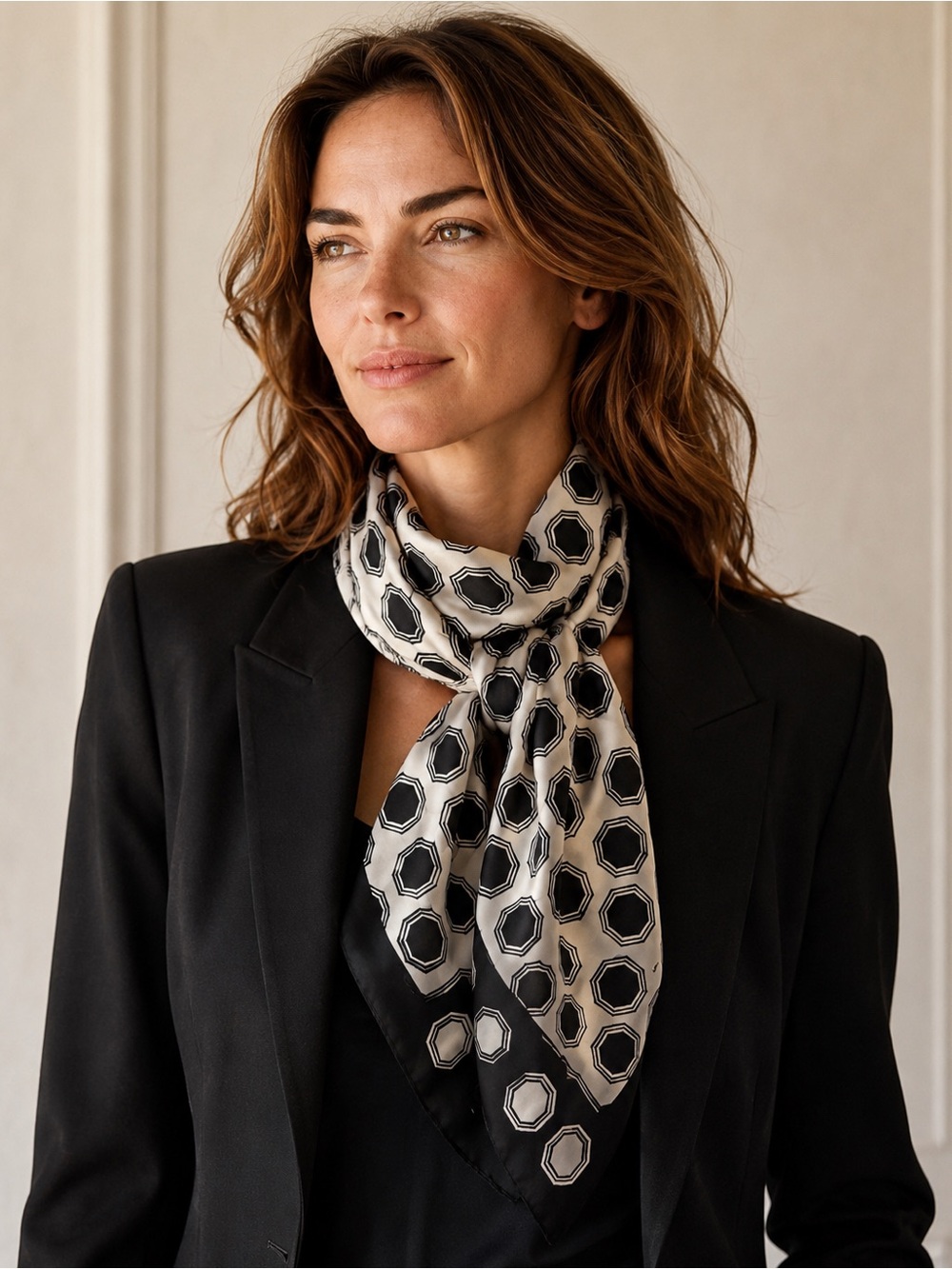 100% Italian Silk Burmel Geometric Scarf in Black & Cream